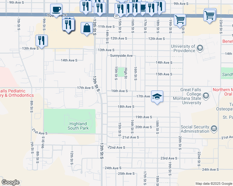 map of restaurants, bars, coffee shops, grocery stores, and more near 1617 15th Street South in Great Falls