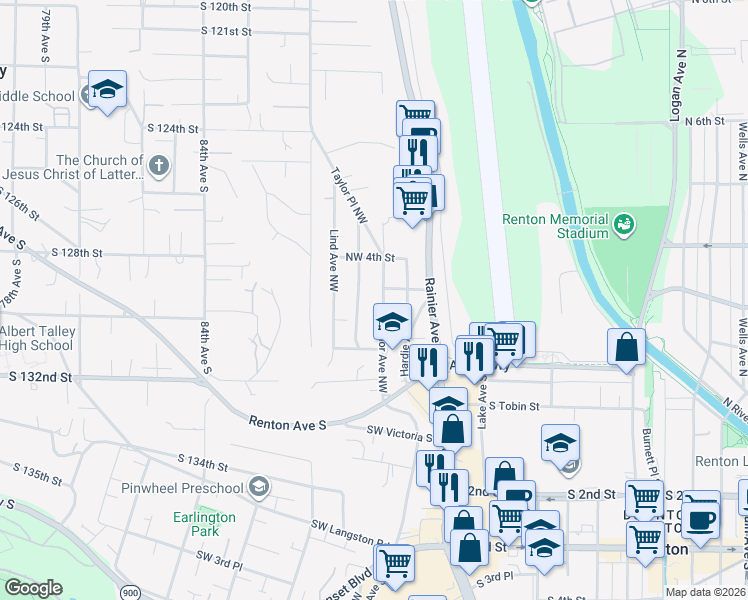 map of restaurants, bars, coffee shops, grocery stores, and more near 115 Northwest 3rd Place in Renton