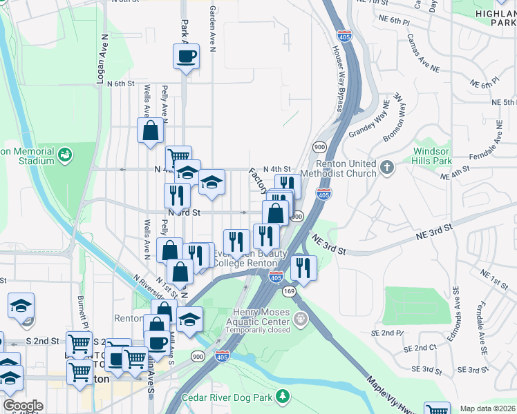 map of restaurants, bars, coffee shops, grocery stores, and more near 1510 North 3rd Street in Renton
