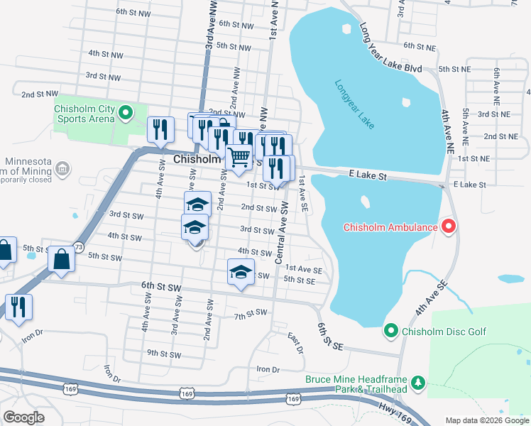 map of restaurants, bars, coffee shops, grocery stores, and more near 19 2nd Street Southwest in Chisholm