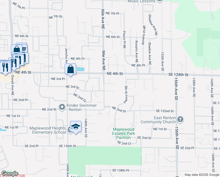map of restaurants, bars, coffee shops, grocery stores, and more near 5720 Northeast 3rd Street in Renton