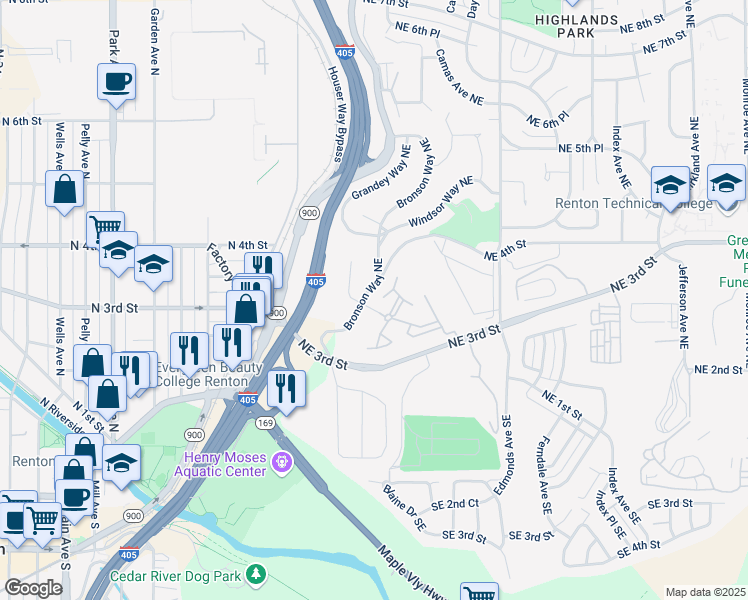 map of restaurants, bars, coffee shops, grocery stores, and more near 320 Bronson Way Northeast in Renton