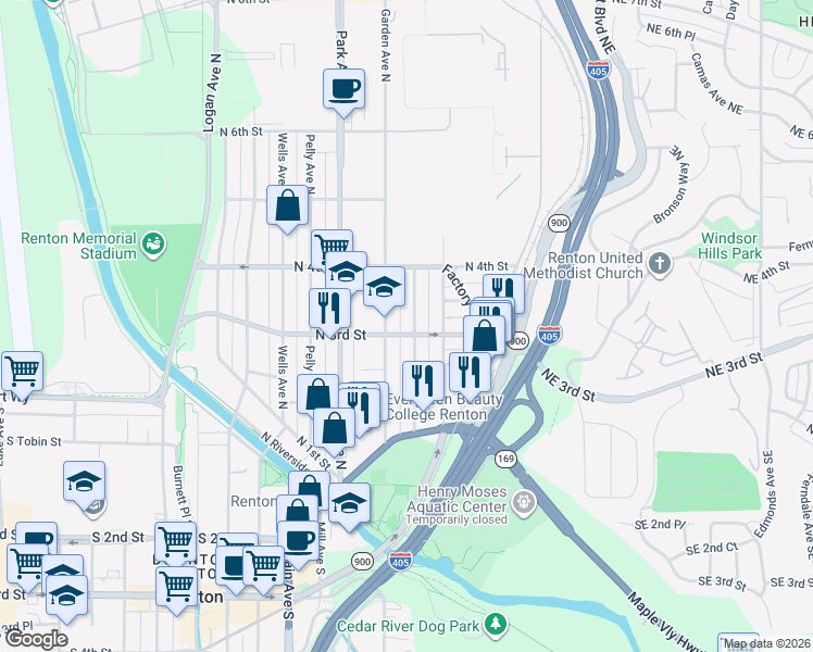 map of restaurants, bars, coffee shops, grocery stores, and more near 310 Meadow Avenue North in Renton