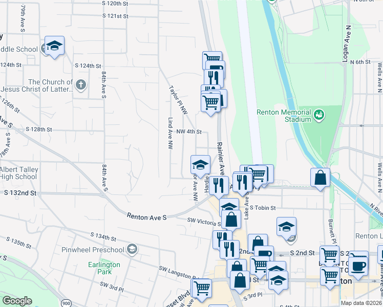map of restaurants, bars, coffee shops, grocery stores, and more near 115 Northwest 3rd Place in Renton