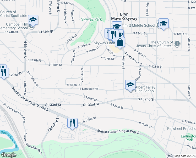 map of restaurants, bars, coffee shops, grocery stores, and more near 12846 72nd Avenue South in Seattle