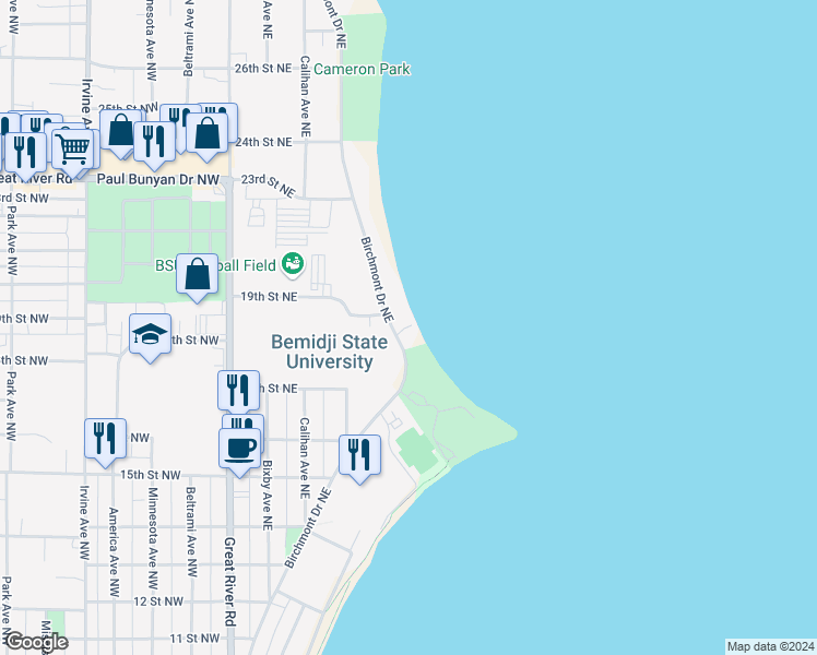 map of restaurants, bars, coffee shops, grocery stores, and more near 1912 Birchmont Drive Northeast in Bemidji