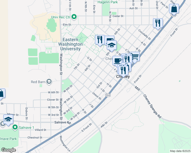 map of restaurants, bars, coffee shops, grocery stores, and more near 118 4th Street in Cheney