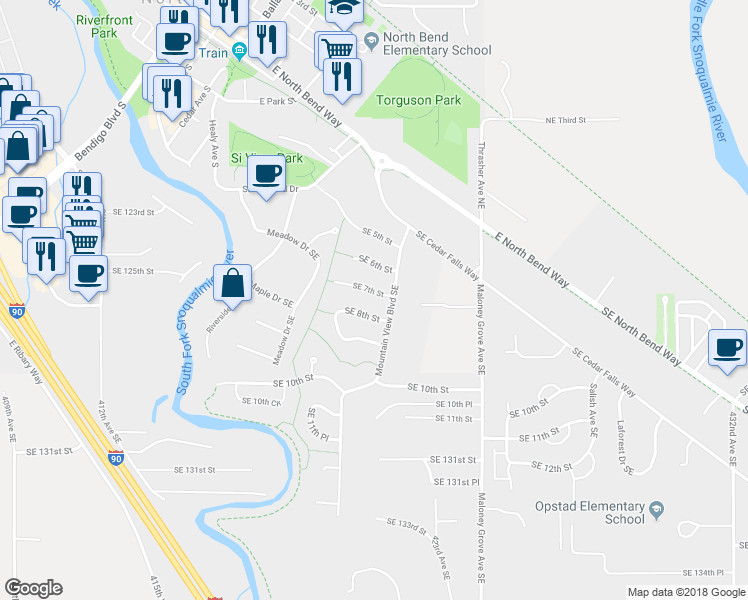 map of restaurants, bars, coffee shops, grocery stores, and more near 565 SE 7th St in North Bend