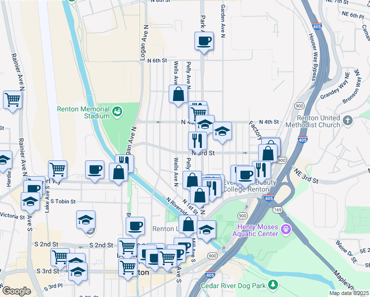 map of restaurants, bars, coffee shops, grocery stores, and more near 305 Pelly Avenue North in Renton