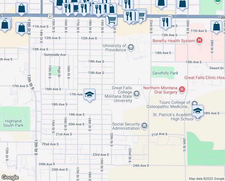 map of restaurants, bars, coffee shops, grocery stores, and more near 1610 20th Street South in Great Falls