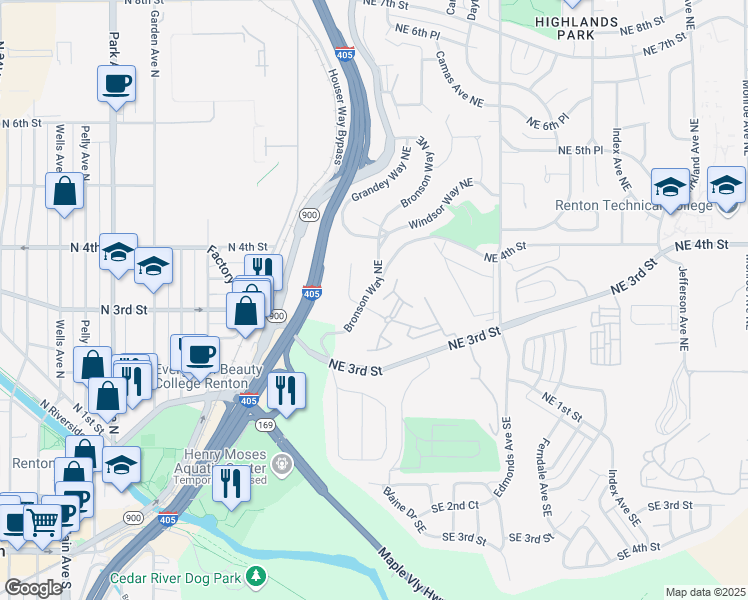 map of restaurants, bars, coffee shops, grocery stores, and more near 310 Bronson Way Northeast in Renton