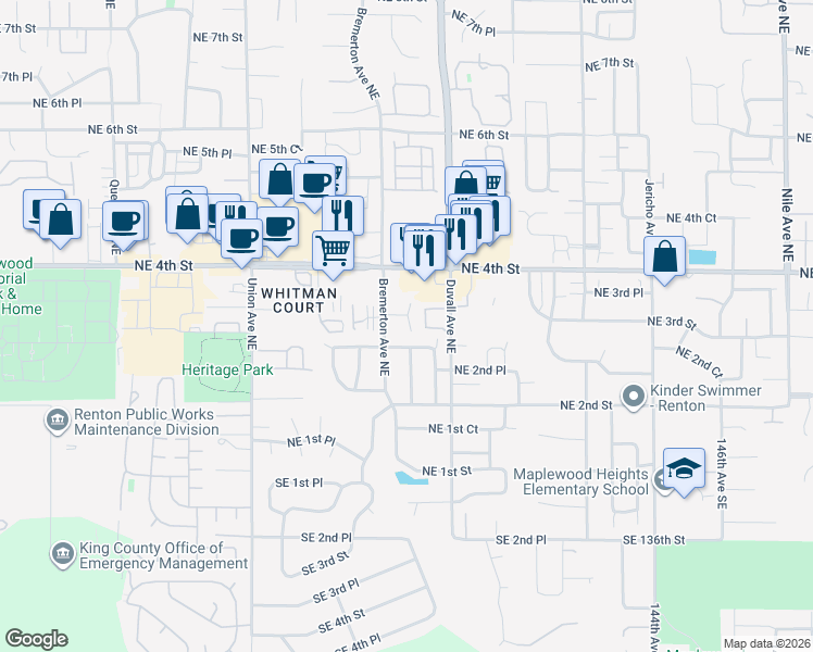 map of restaurants, bars, coffee shops, grocery stores, and more near 310 Bremerton Avenue Northeast in Renton