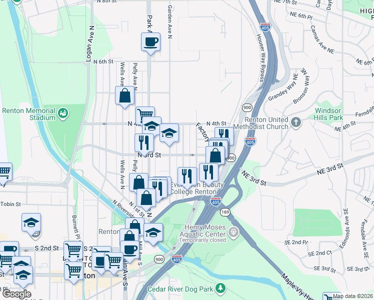 map of restaurants, bars, coffee shops, grocery stores, and more near 310 Meadow Avenue North in Renton