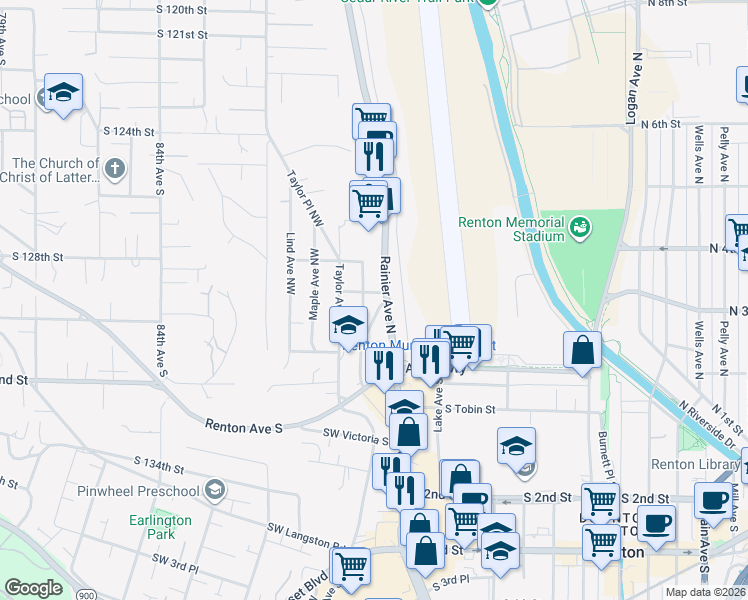 map of restaurants, bars, coffee shops, grocery stores, and more near 333 Rainier Avenue South in Renton