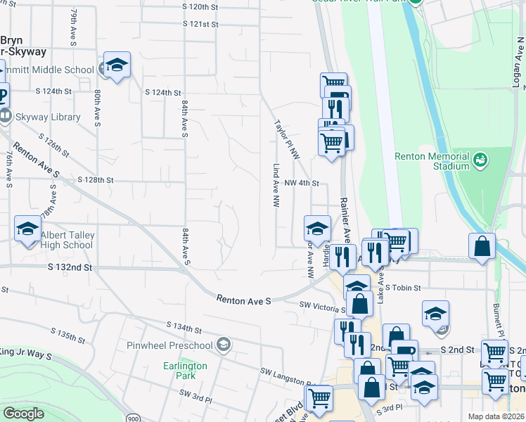 map of restaurants, bars, coffee shops, grocery stores, and more near 324 Stevens Avenue Northwest in Renton