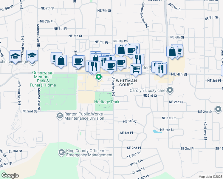 map of restaurants, bars, coffee shops, grocery stores, and more near 332 Tacoma Place Northeast in Renton