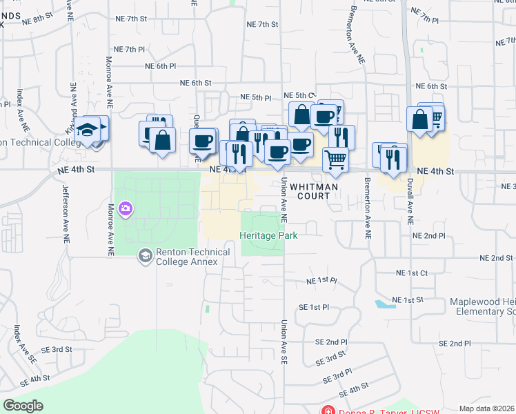 map of restaurants, bars, coffee shops, grocery stores, and more near 333 Tacoma Avenue Northeast in Renton