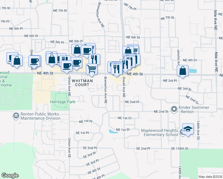 map of restaurants, bars, coffee shops, grocery stores, and more near 310 Bremerton Avenue Northeast in Renton