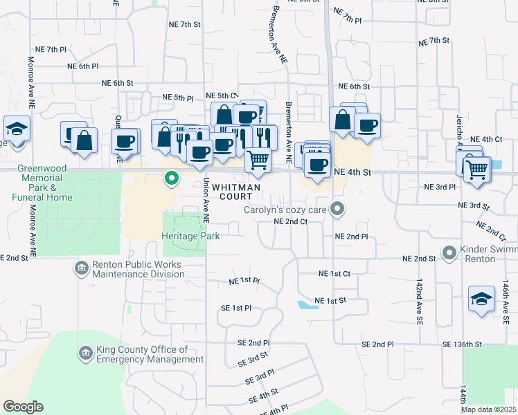 map of restaurants, bars, coffee shops, grocery stores, and more near 4302 Northeast 3rd Street in Renton