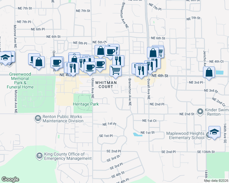 map of restaurants, bars, coffee shops, grocery stores, and more near 4302 Northeast 3rd Street in Renton