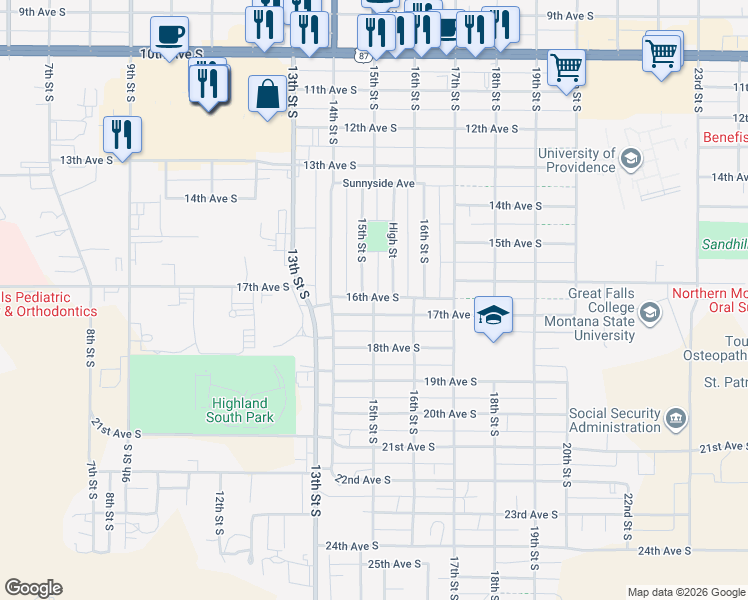 map of restaurants, bars, coffee shops, grocery stores, and more near 1617 15th Street South in Great Falls