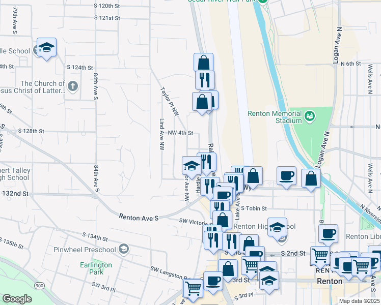 map of restaurants, bars, coffee shops, grocery stores, and more near 115 Northwest 3rd Place in Renton