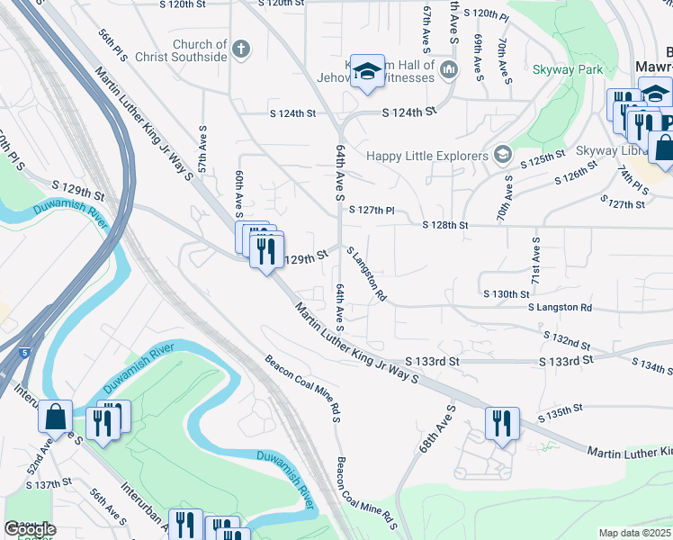 map of restaurants, bars, coffee shops, grocery stores, and more near 115 64th Avenue South in Seattle
