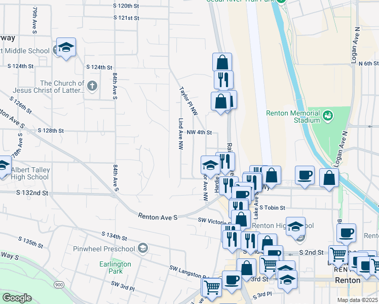 map of restaurants, bars, coffee shops, grocery stores, and more near 325 Maple Avenue Northwest in Renton