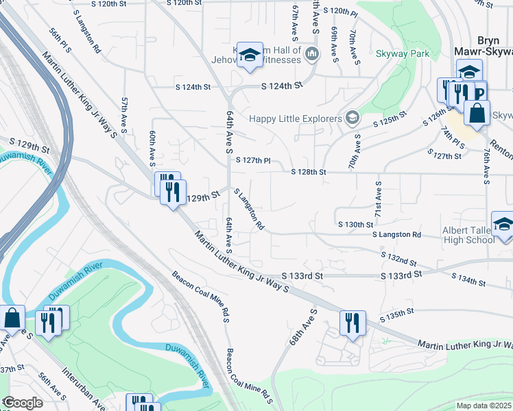 map of restaurants, bars, coffee shops, grocery stores, and more near 6446 South Langston Road in Seattle