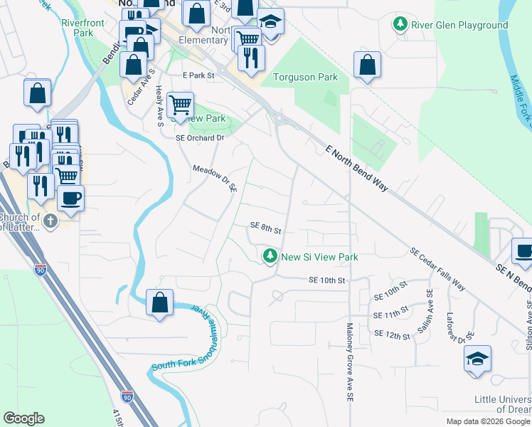 map of restaurants, bars, coffee shops, grocery stores, and more near 565 Southeast 7th Street in North Bend