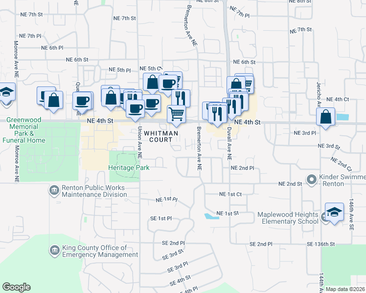 map of restaurants, bars, coffee shops, grocery stores, and more near 4403 Northeast 3rd Lane in Renton