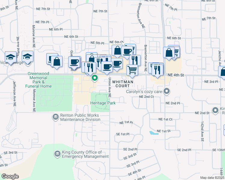 map of restaurants, bars, coffee shops, grocery stores, and more near 332 Tacoma Place Northeast in Renton