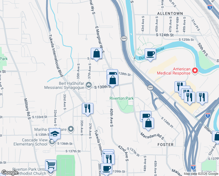 map of restaurants, bars, coffee shops, grocery stores, and more near 13001 40th Avenue South in Tukwila
