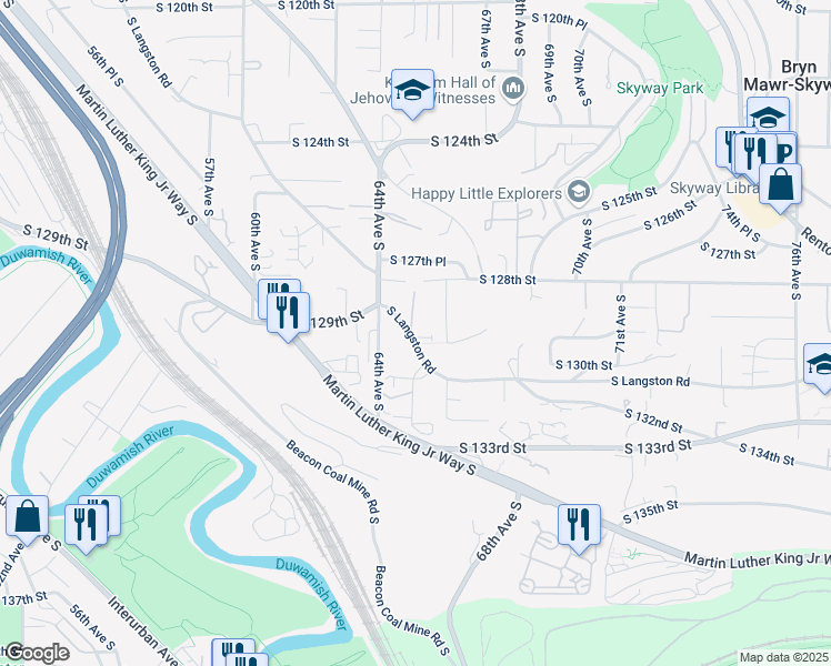 map of restaurants, bars, coffee shops, grocery stores, and more near 6432 South Langston Road in Seattle