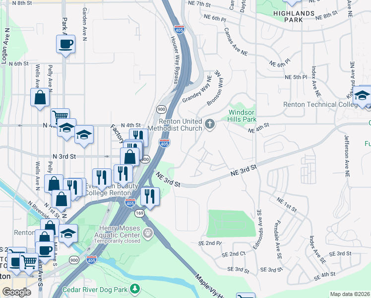 map of restaurants, bars, coffee shops, grocery stores, and more near 320 Bronson Way Northeast in Renton
