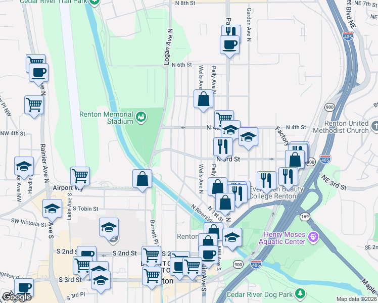 map of restaurants, bars, coffee shops, grocery stores, and more near 814 North 3rd Street in Renton