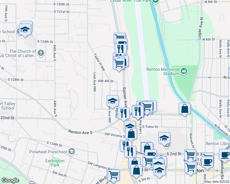 map of restaurants, bars, coffee shops, grocery stores, and more near 333 Rainier Avenue South in Renton
