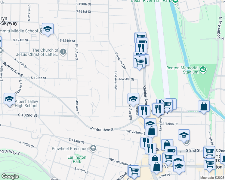 map of restaurants, bars, coffee shops, grocery stores, and more near 324 Stevens Avenue Northwest in Renton