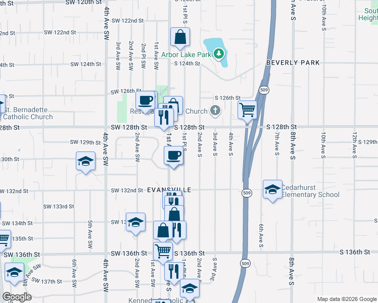 map of restaurants, bars, coffee shops, grocery stores, and more near 12846 Occidental Avenue South in Burien