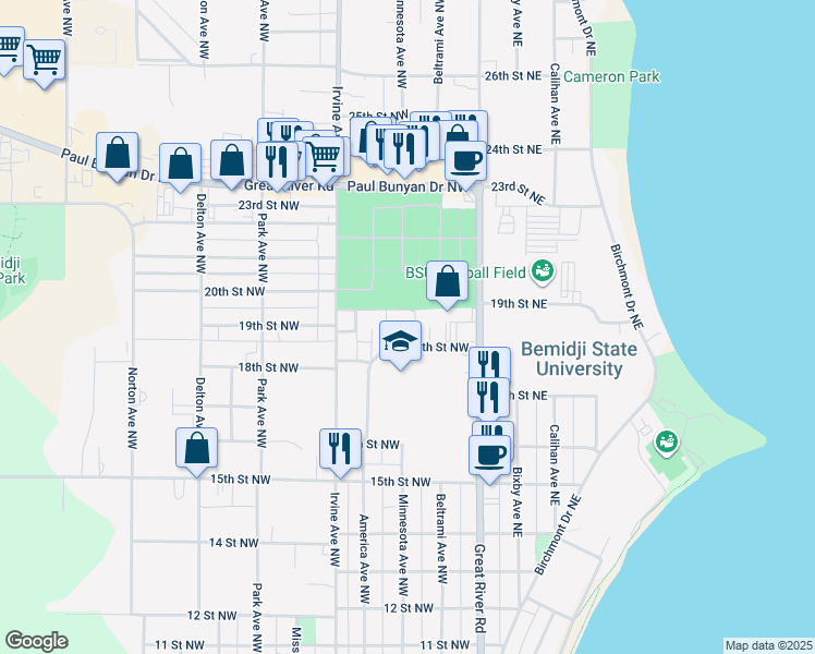 map of restaurants, bars, coffee shops, grocery stores, and more near 1804 Minnesota Court Northwest in Bemidji