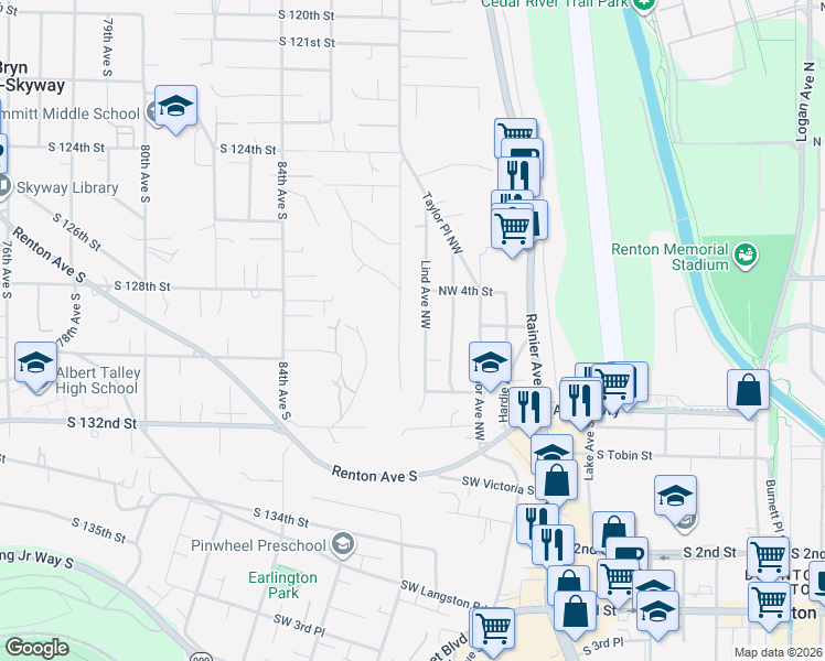 map of restaurants, bars, coffee shops, grocery stores, and more near 324 Stevens Avenue Northwest in Renton