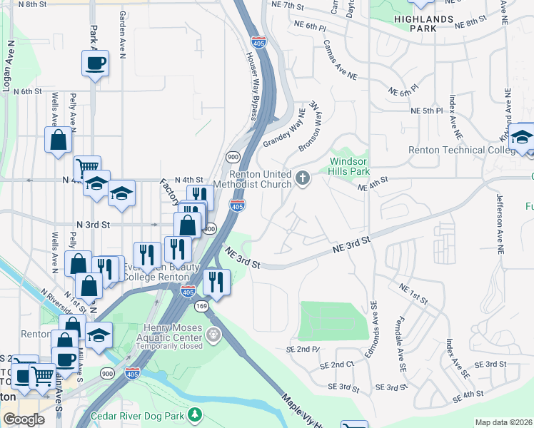 map of restaurants, bars, coffee shops, grocery stores, and more near 320 Bronson Way Northeast in Renton