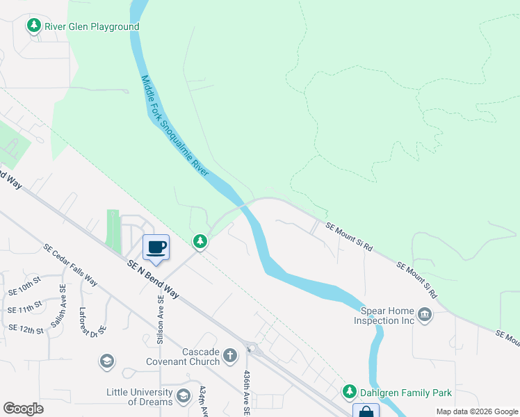 map of restaurants, bars, coffee shops, grocery stores, and more near 43615 Southeast Mount Si Road in North Bend