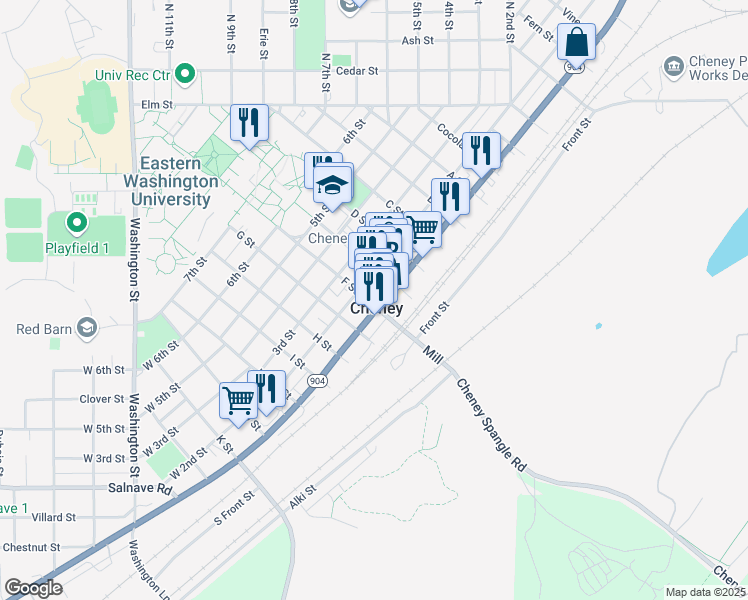 map of restaurants, bars, coffee shops, grocery stores, and more near 101 F Street in Cheney