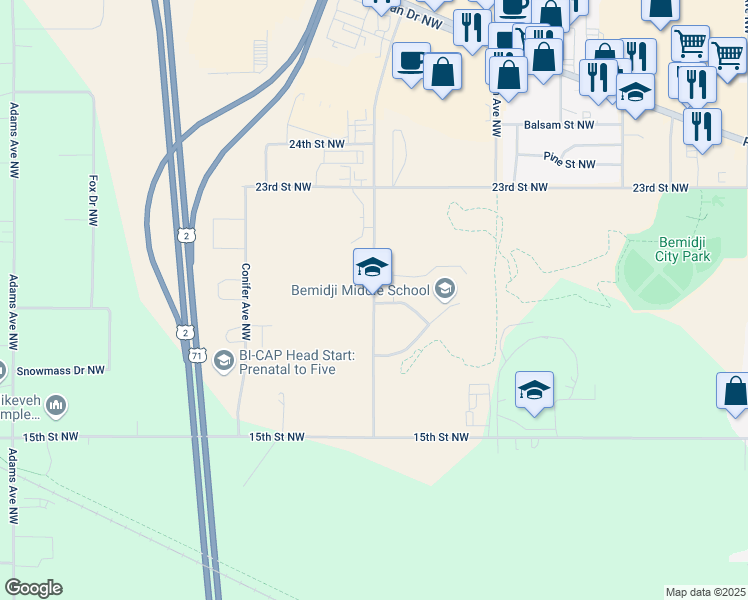 map of restaurants, bars, coffee shops, grocery stores, and more near 1910 Middle School Avenue Northwest in Bemidji