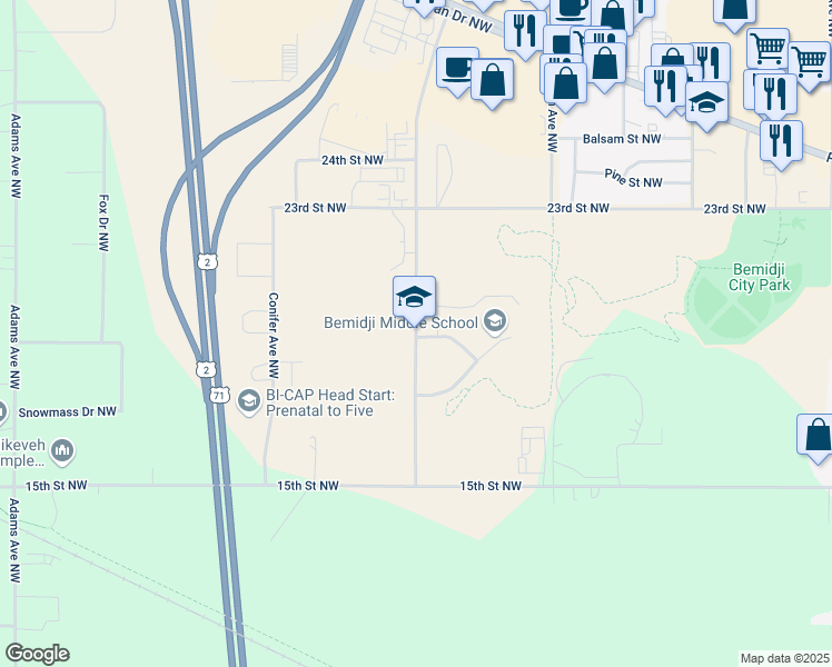map of restaurants, bars, coffee shops, grocery stores, and more near 1910 Middle School Avenue Northwest in Bemidji