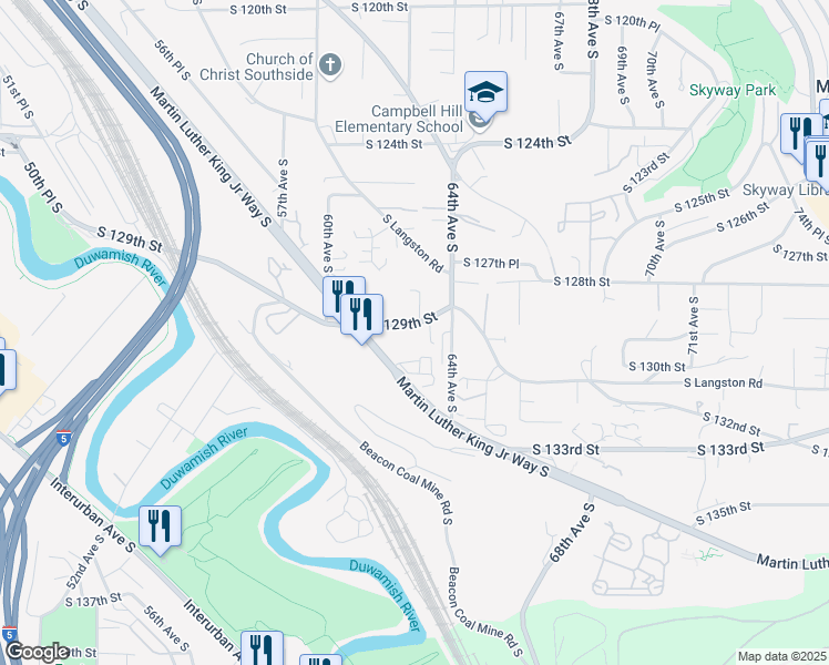 map of restaurants, bars, coffee shops, grocery stores, and more near 6221 South 129th Street in Seattle