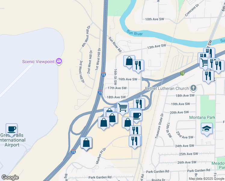 map of restaurants, bars, coffee shops, grocery stores, and more near 1700 16th Street Southwest in Great Falls