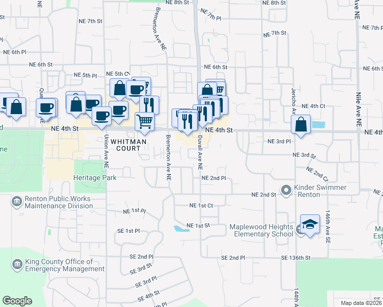 map of restaurants, bars, coffee shops, grocery stores, and more near 4651 Northeast 3rd Court in Renton