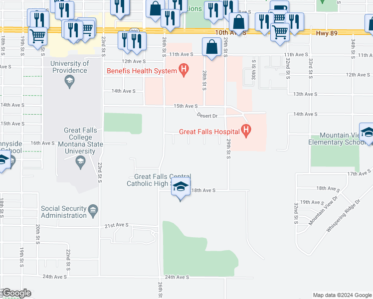 map of restaurants, bars, coffee shops, grocery stores, and more near 1616 Palm Court in Great Falls
